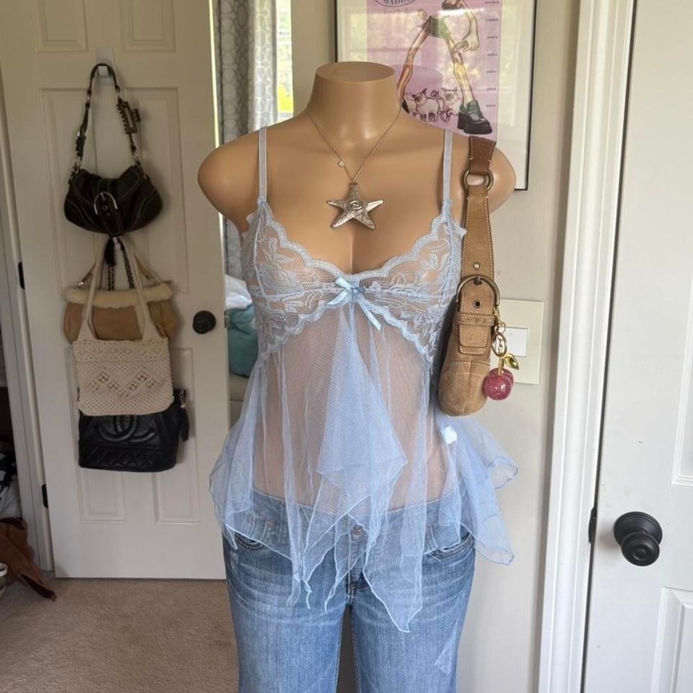 y2k 2000s fairy pastel baby blue sheer lace babydoll cami lingerie tank top